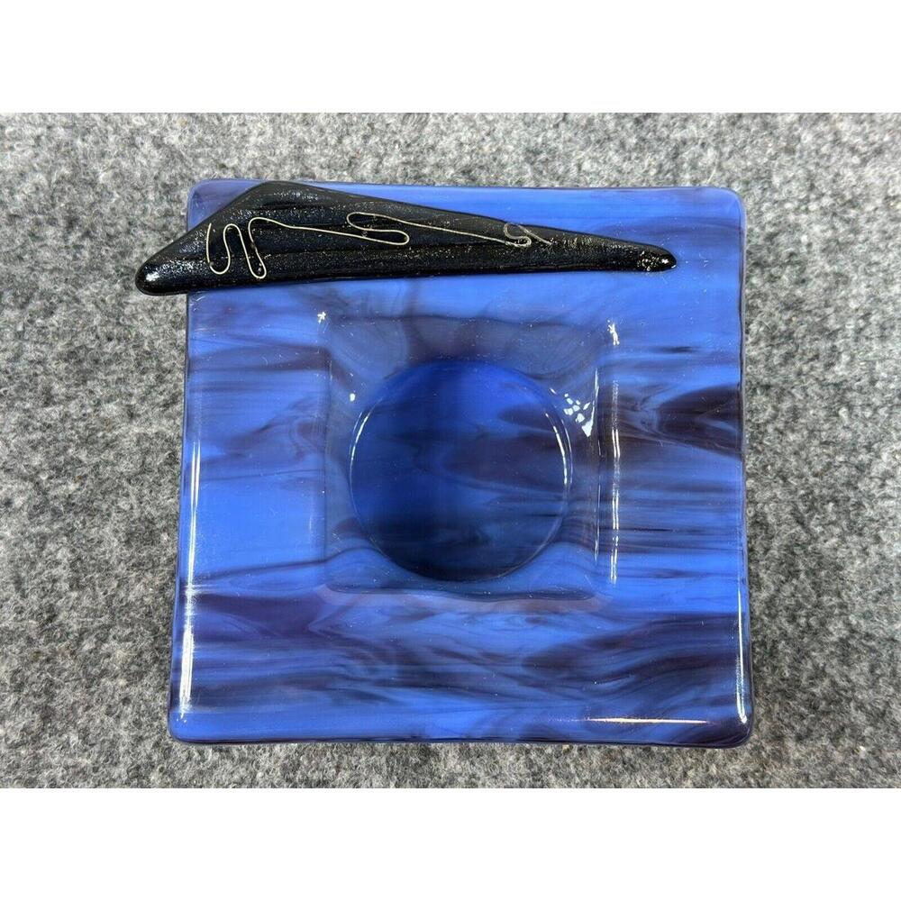 VTG Fused Art Glass Tray Trinket Dish Signed Murphy Blue Ribbon 1980’s Design